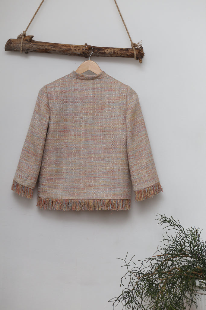 floral pink blue cotton silk fabric end of roll tweed boucle jacket blazer casual formal smartwear businesswear frays fraying