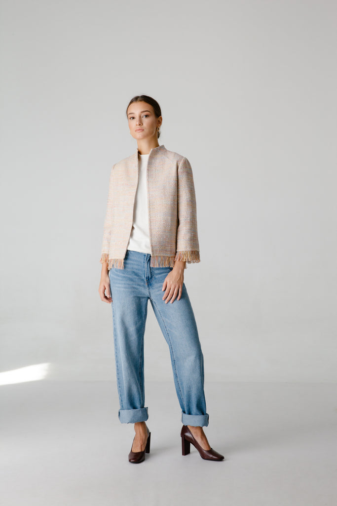 floral pink blue cotton silk fabric end of roll tweed boucle jacket blazer casual formal smartwear businesswear frays fraying