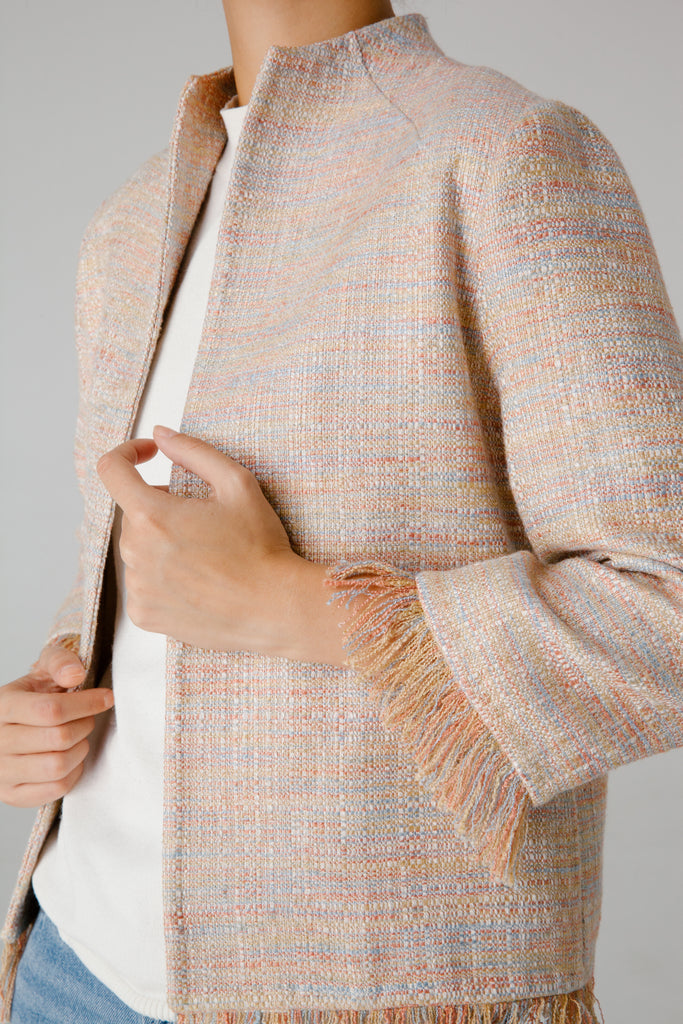 floral pink blue cotton silk fabric end of roll tweed boucle jacket blazer casual formal smartwear businesswear frays fraying