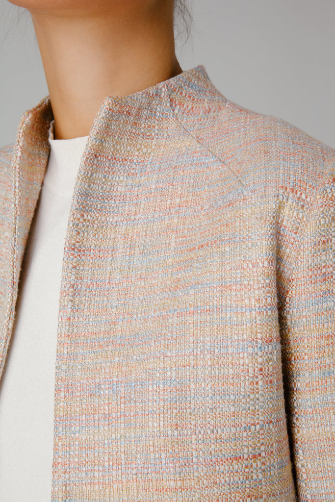 floral pink blue cotton silk fabric end of roll tweed boucle jacket blazer casual formal smartwear businesswear frays fraying