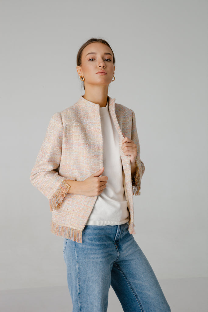 floral pink blue cotton silk fabric end of roll tweed boucle jacket blazer casual formal smartwear businesswear frays fraying