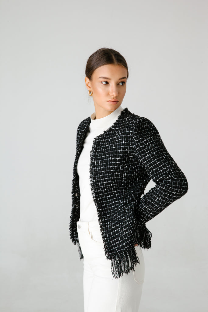 black glitten wool fabric end of roll tweed boucle jacket blazer casual formal smartwear businesswear frays fraying