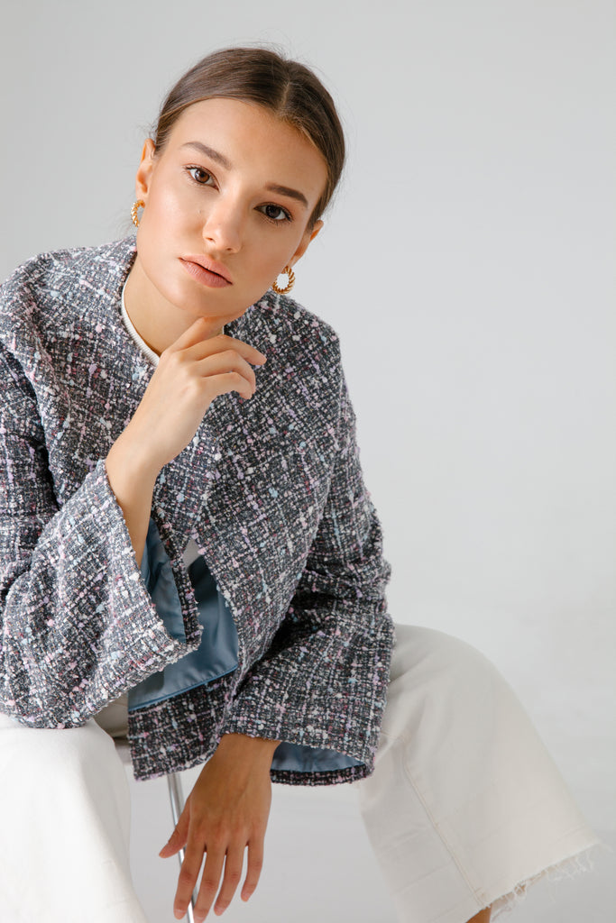 pastel cotton silk fabric end of roll tweed boucle jacket blazer casual formal smartwear businesswear frays fraying oversized tailored