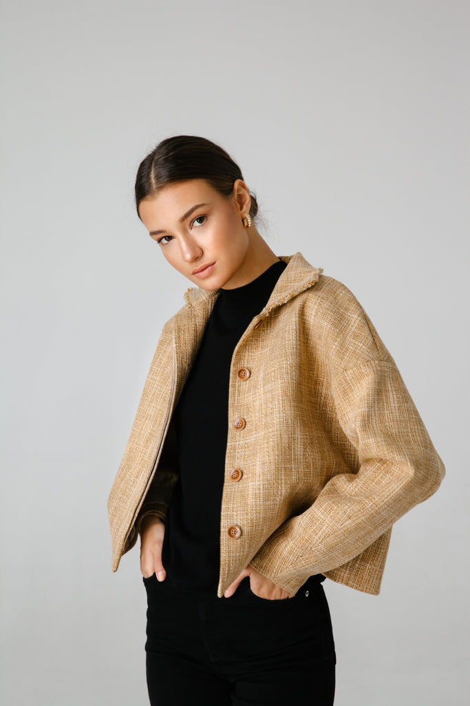 gold beige wool fabric end of roll tweed boucle jacket casual formal smartwear businesswear 