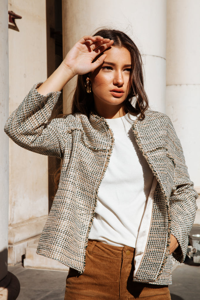 gold black cotton silk fabric end of roll tweed boucle jacket blazer casual formal smartwear businesswear frays fraying oversized tailored  Edit alt text