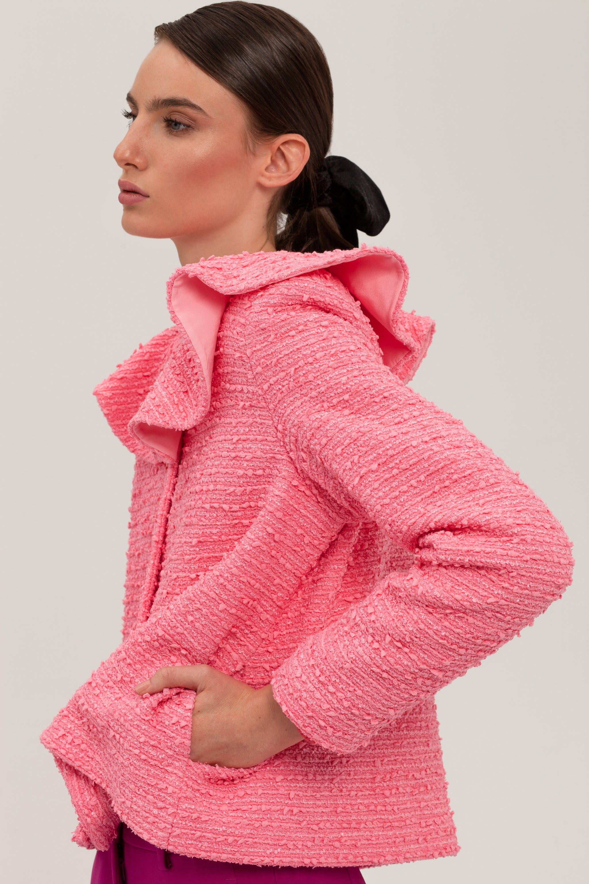 【muguet】frill ribbon down jacket pink Thérèse Hot Pink Frill Bouclé Jacket – PLISSÉ London