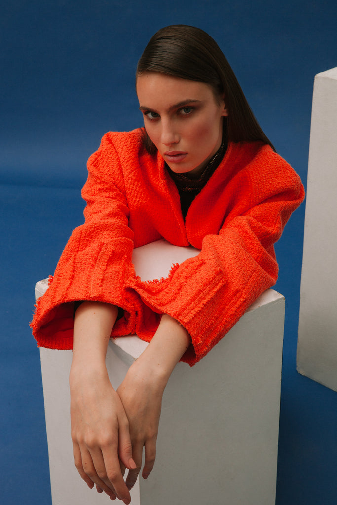 orange cotton fabric tweed boucle jacket blazer businesswear officewear cheltenham ascot horseracing